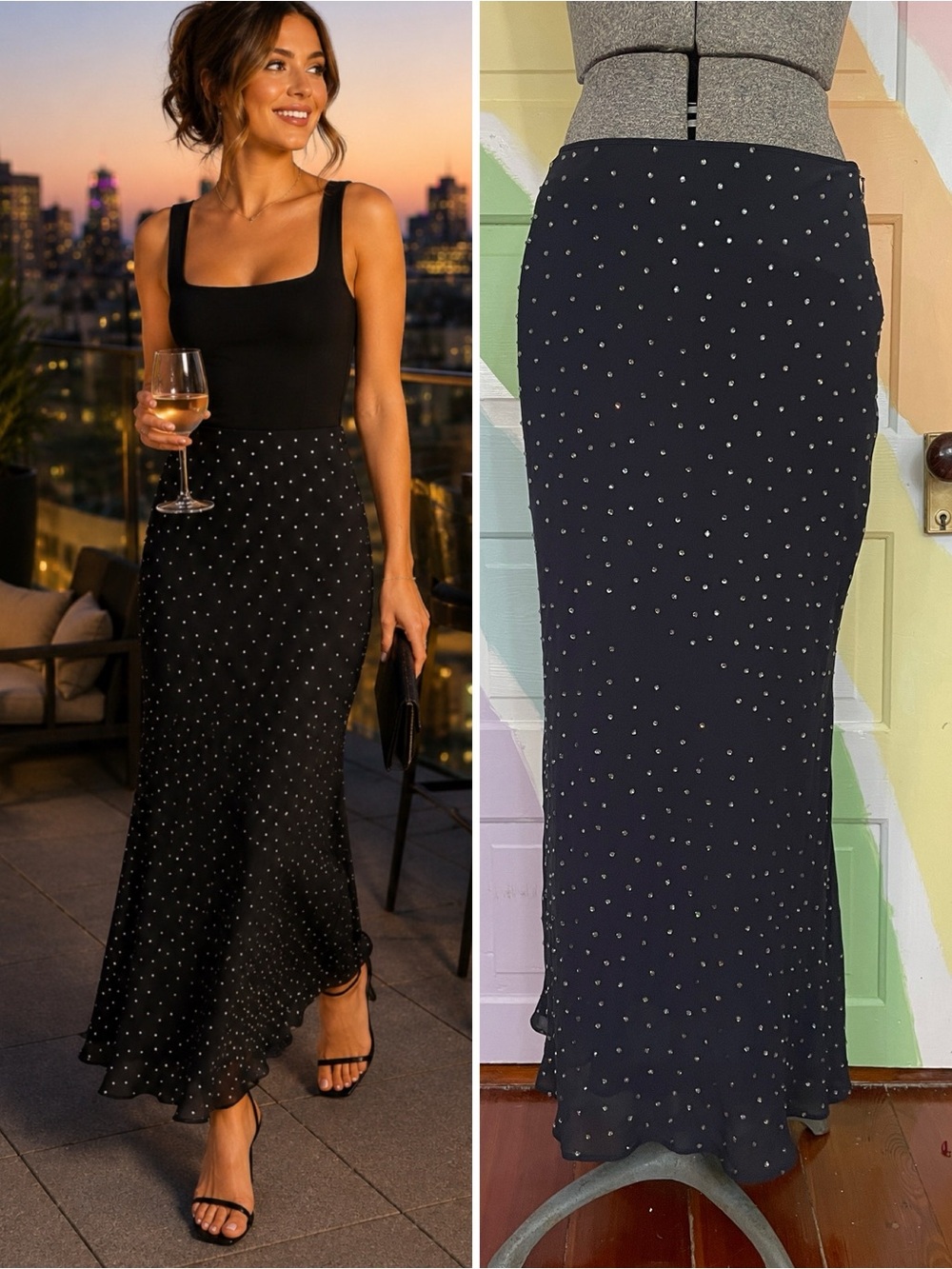 Altuzurra Kinski Embellished Black Rhinestone Sexy Sheer Maxi Skirt Sz 40 / 8 🧡🎀